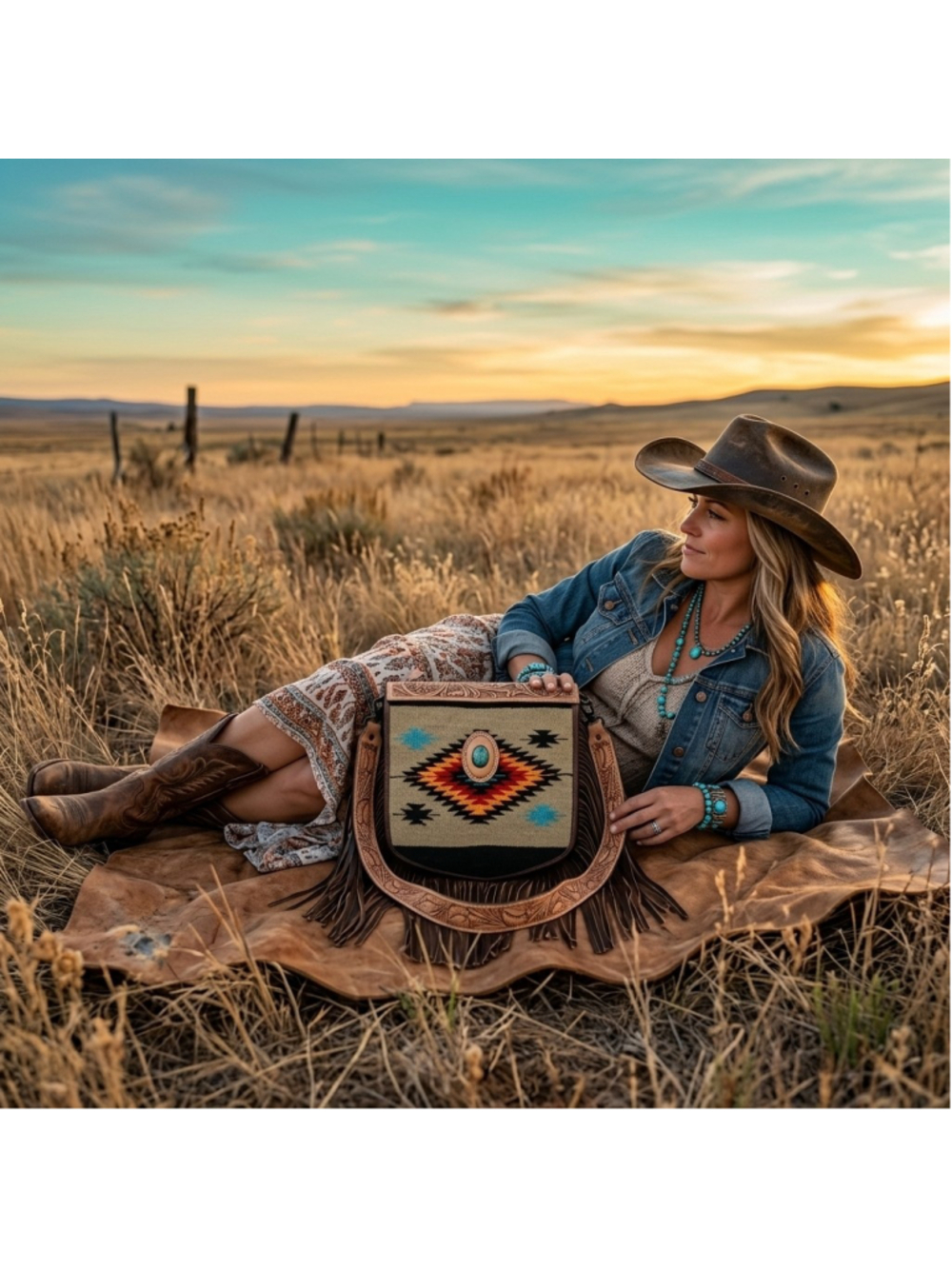 American Darling Turquoise Dreams Saddle Blanket Fringe Crossbody Messenger